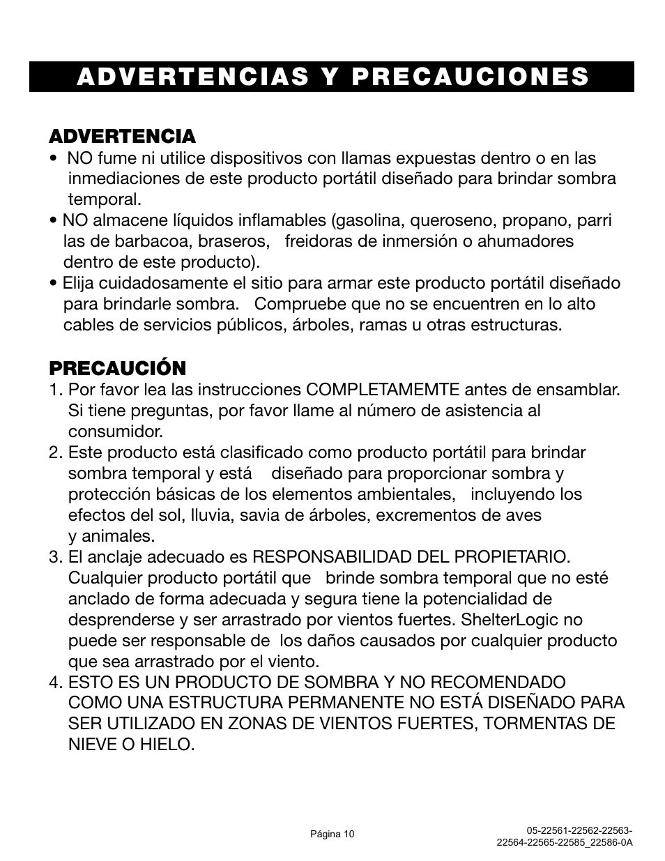 Advertencias y precauciones, Advertencia, Precaución | ShelterLogic 22585-22586 10x10 Straight Leg Pop-Up User Manual | Page 10 / 12