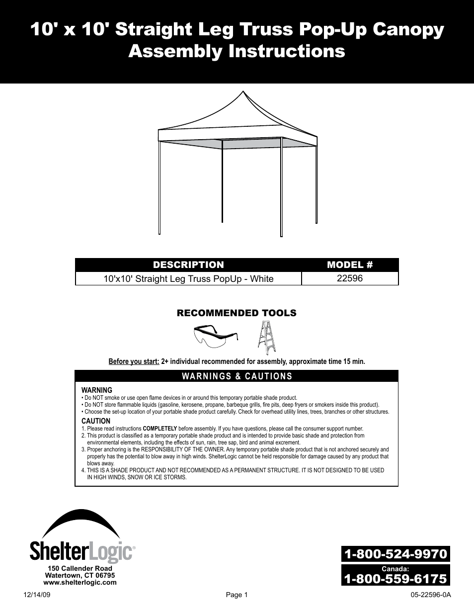 ShelterLogic 22596 10x10 Straight Leg Truss PopUp User Manual | 9 pages
