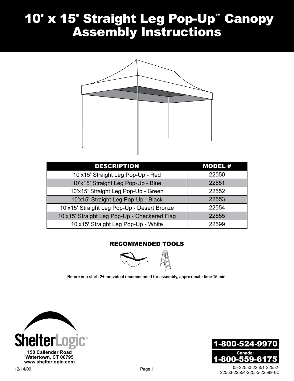 ShelterLogic 22599 10’x15’ Straight Leg Pop-Up User Manual | 12 pages