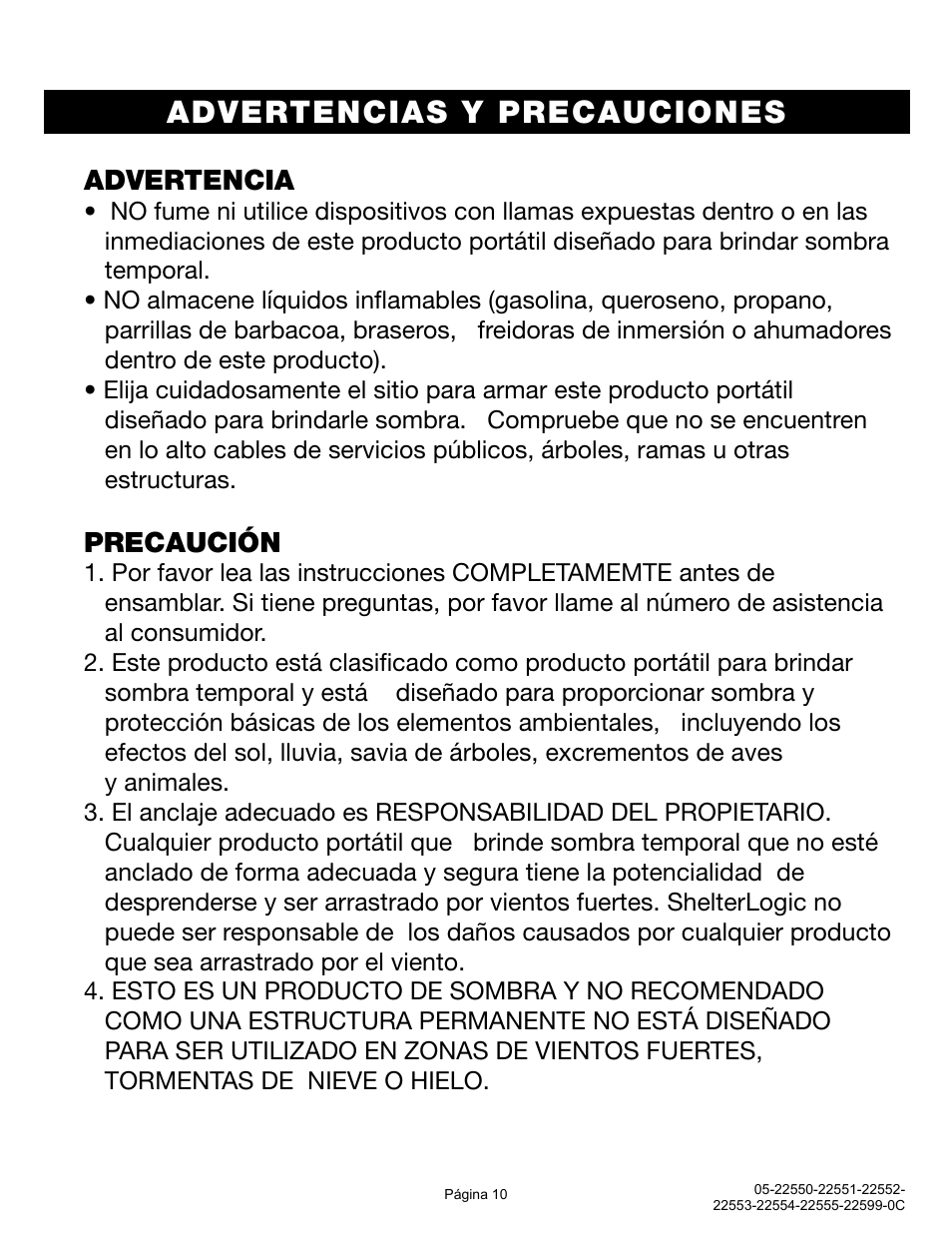 Advertencias y precauciones, Advertencia, Precaución | ShelterLogic 22599 10’x15’ Straight Leg Pop-Up User Manual | Page 10 / 12