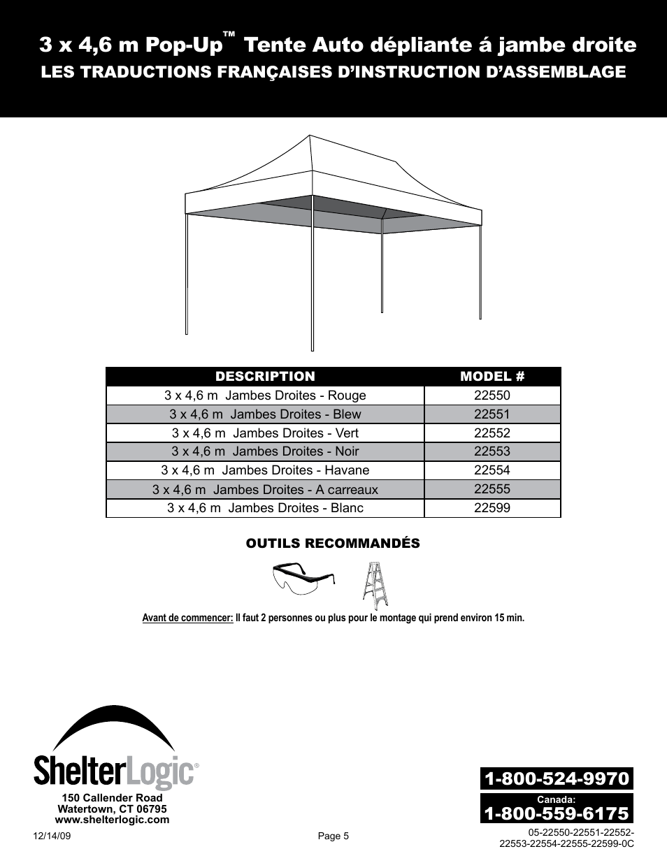 3 x 4,6 m pop-up, Tente auto dépliante á jambe droite | ShelterLogic 22599 10’x15’ Straight Leg Pop-Up User Manual | Page 5 / 12