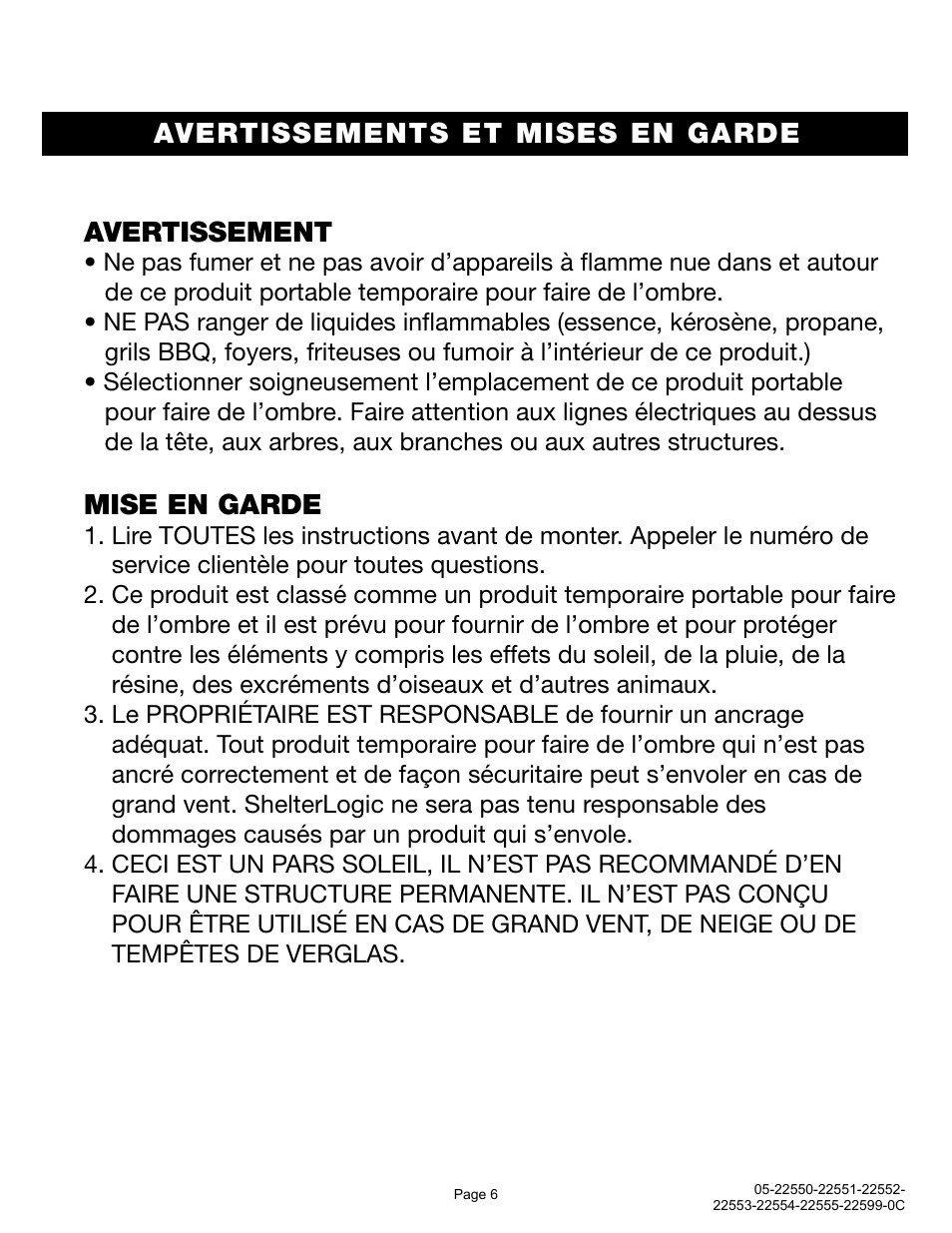Avertissement, Mise en garde, Avertissements et mises en garde | ShelterLogic 22599 10’x15’ Straight Leg Pop-Up User Manual | Page 6 / 12