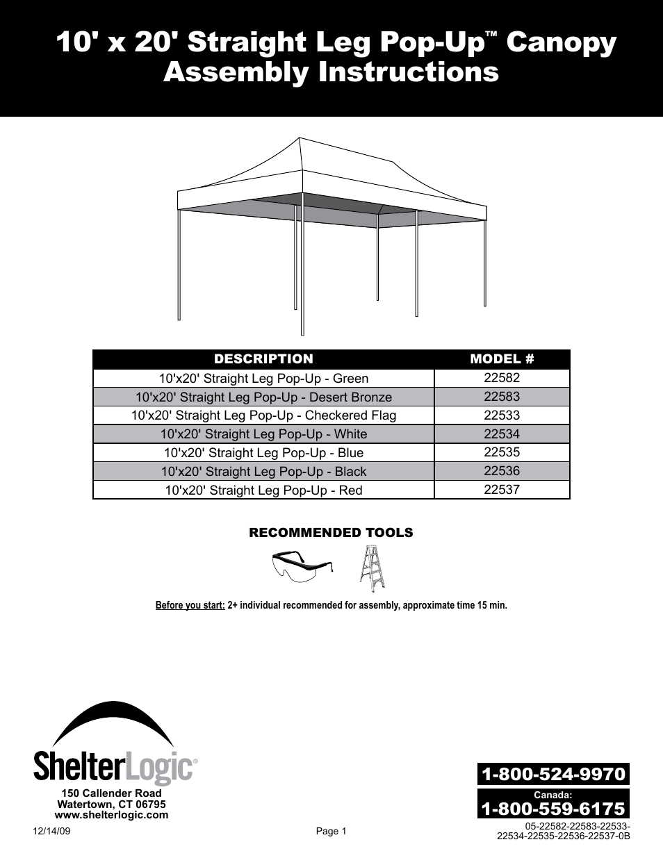 ShelterLogic 22533-22537 10x20 Straight Leg Pop-Up User Manual | 12 pages