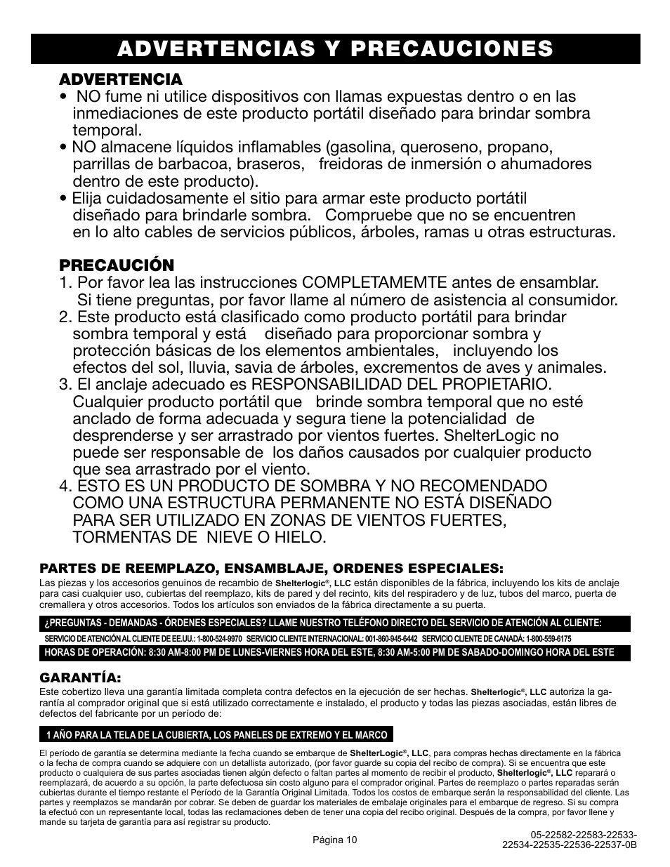 Advertencias y precauciones | ShelterLogic 22533-22537 10x20 Straight Leg Pop-Up User Manual | Page 10 / 12