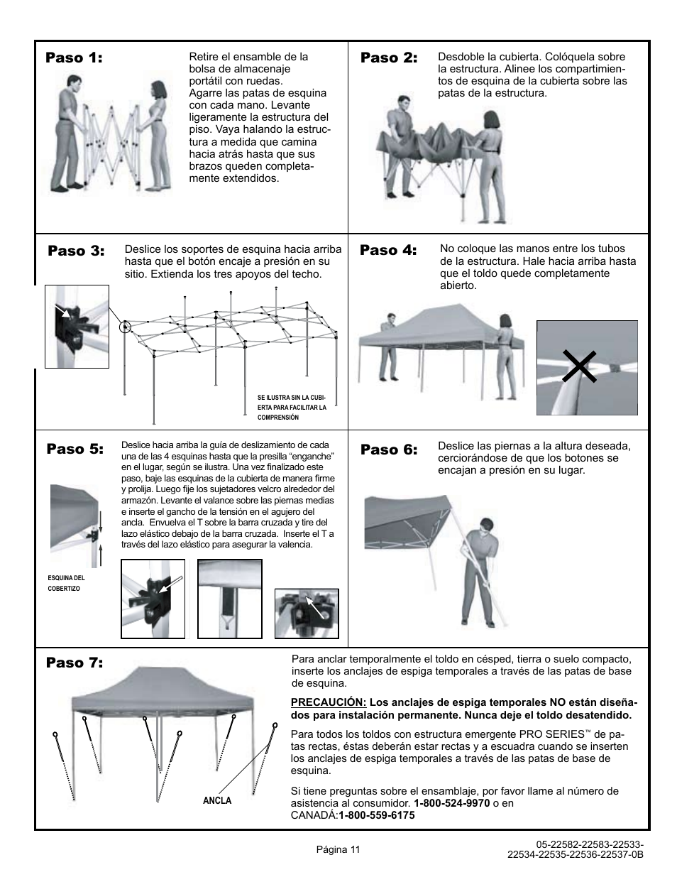 Paso 1, Paso 2: paso 3: paso 5, Paso 4 | Paso 6: paso 7 | ShelterLogic 22533-22537 10x20 Straight Leg Pop-Up User Manual | Page 11 / 12