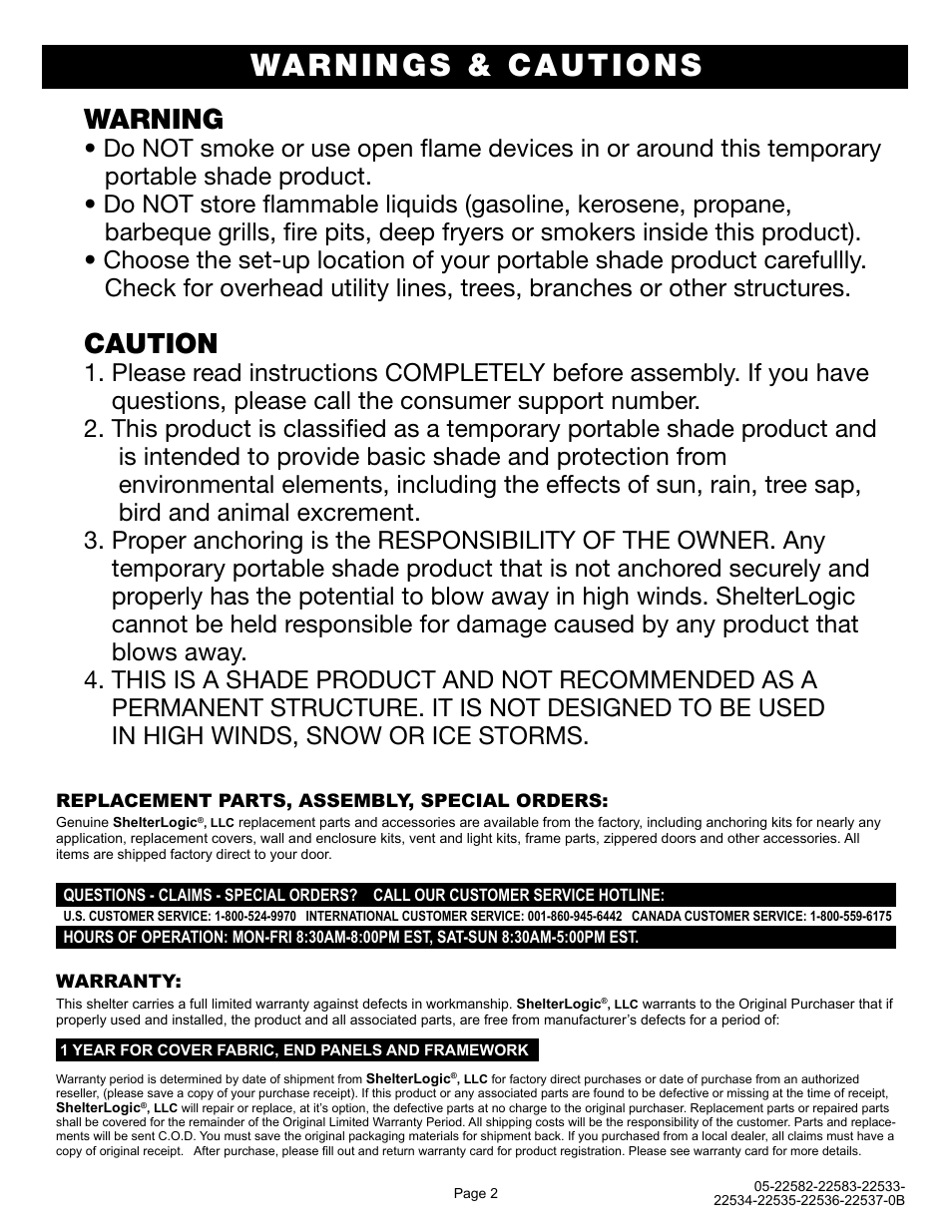 Warnings & cautions, Warning, Caution | ShelterLogic 22533-22537 10x20 Straight Leg Pop-Up User Manual | Page 2 / 12