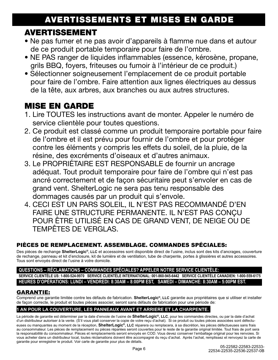 Avertissement, Mise en garde, Avertissements et mises en garde | ShelterLogic 22533-22537 10x20 Straight Leg Pop-Up User Manual | Page 6 / 12