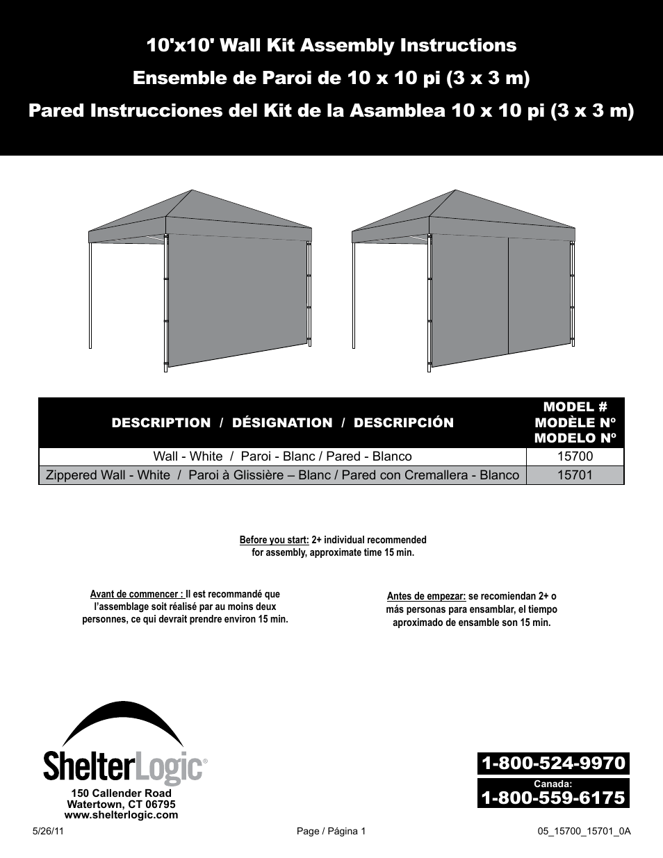ShelterLogic 15701 10x10 Wall Kit User Manual | 3 pages