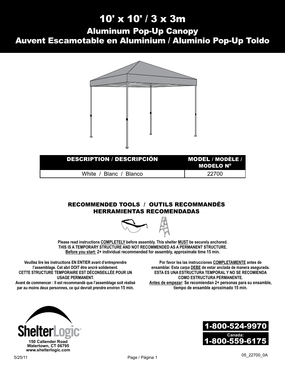 ShelterLogic 22700 10 x 10 Aluminum Pop-Up Canopy User Manual | 3 pages