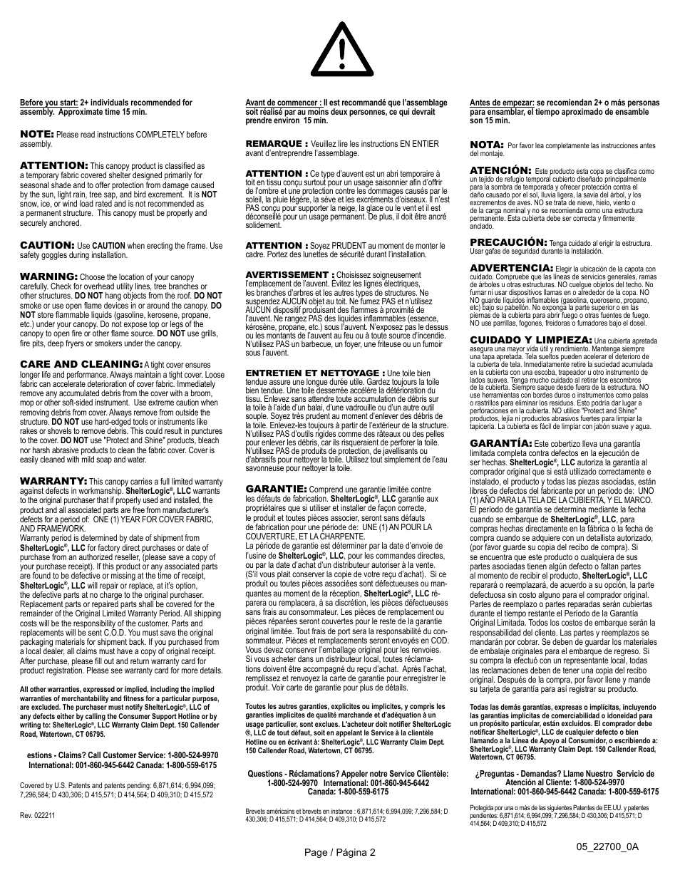 ShelterLogic 22700 10 x 10 Aluminum Pop-Up Canopy User Manual | Page 2 / 3
