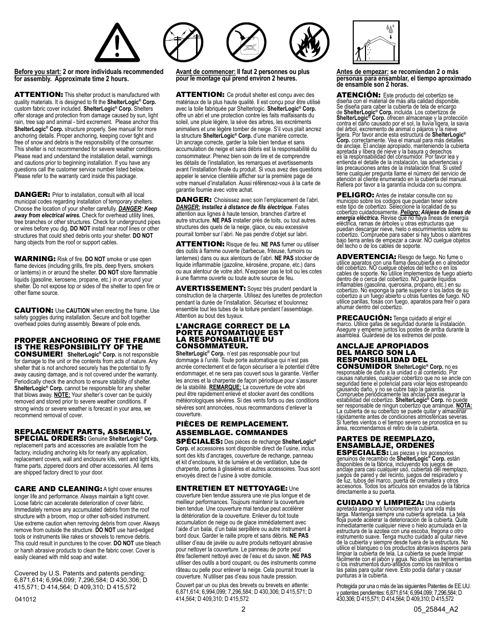 ShelterLogic 25844 Shade Canopy 8 x 20 User Manual | Page 2 / 9