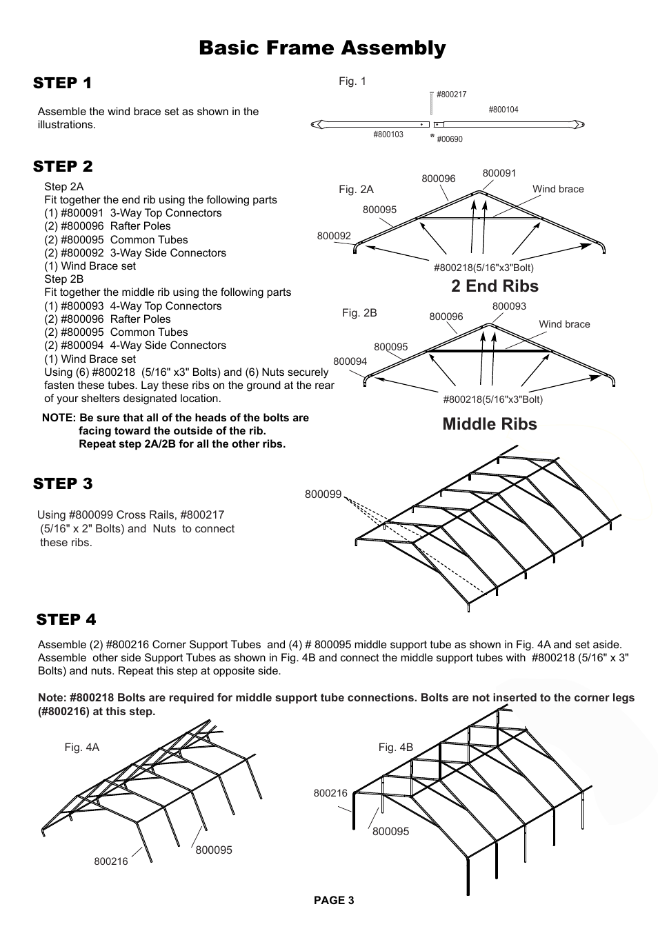 Basic frame assembly, 2 end ribs, Middle ribs | Step 1 step 2 step 3 step 4 | ShelterLogic 27274 24 x 50 UltraMax Peak Canopy User Manual | Page 3 / 5