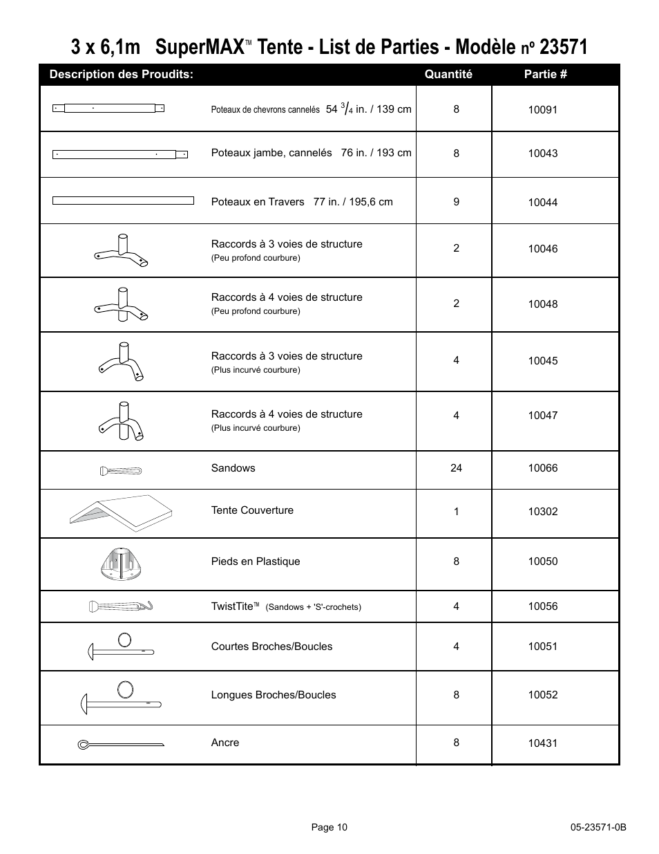 3 x 6,1m supermax, Tente - list de parties - modèle | ShelterLogic 23571 10 x 20 Super Max Canopy User Manual | Page 10 / 21