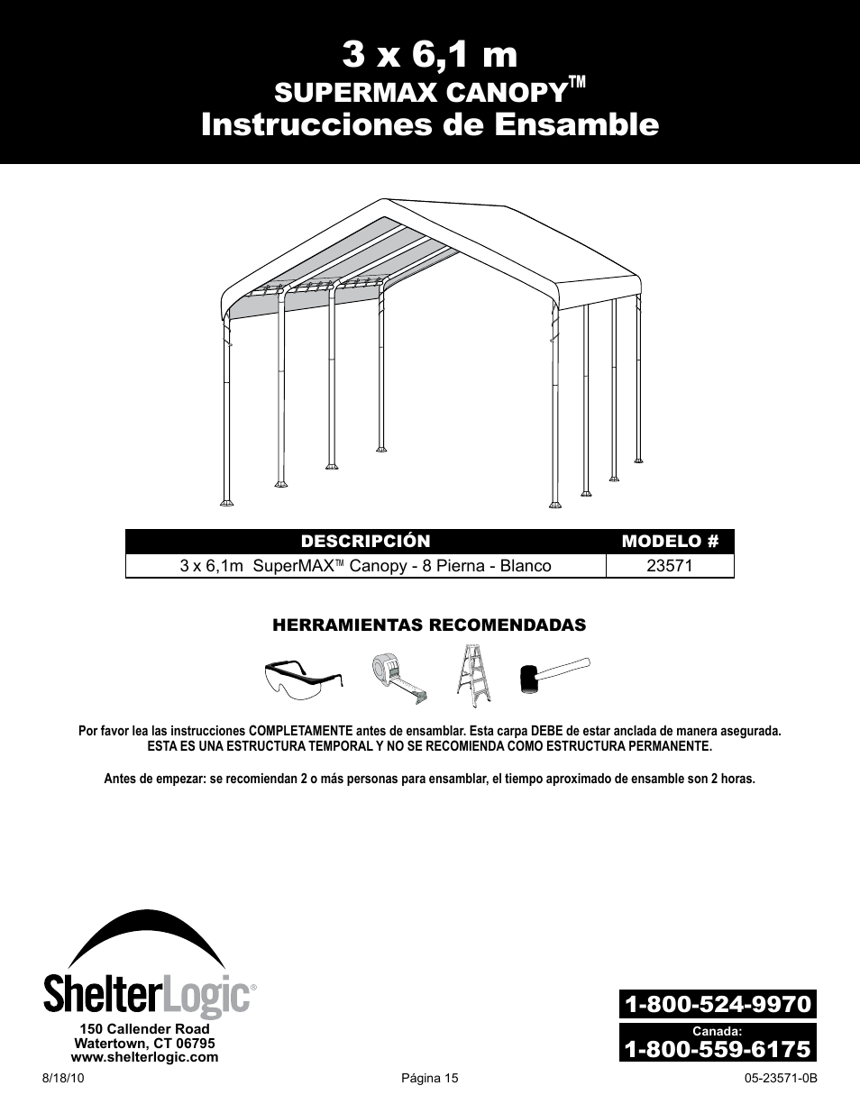 3 x 6,1 m, Instrucciones de ensamble, Supermax canopy | ShelterLogic 23571 10 x 20 Super Max Canopy User Manual | Page 15 / 21