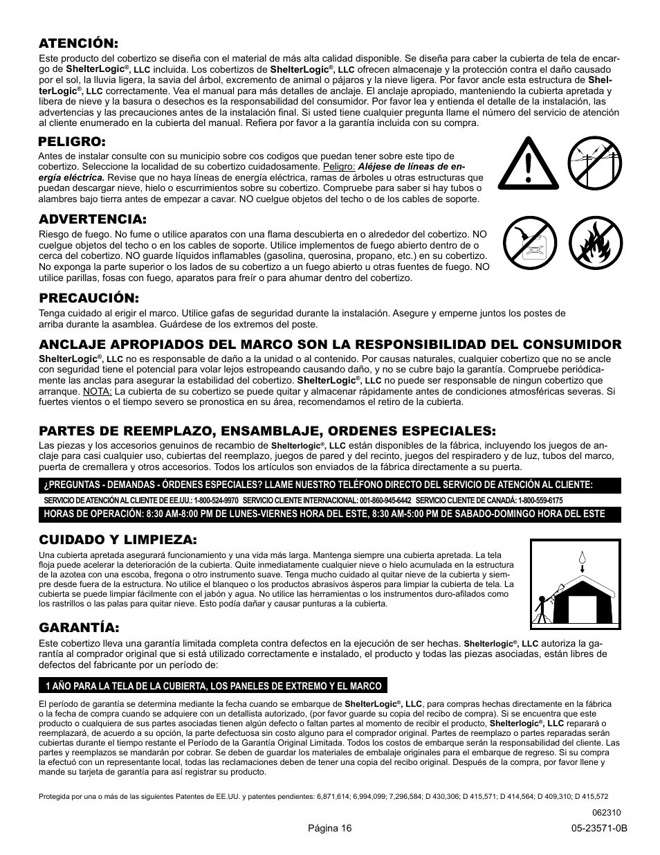 Cuidado y limpieza, Atención, Peligro | Garantía | ShelterLogic 23571 10 x 20 Super Max Canopy User Manual | Page 16 / 21