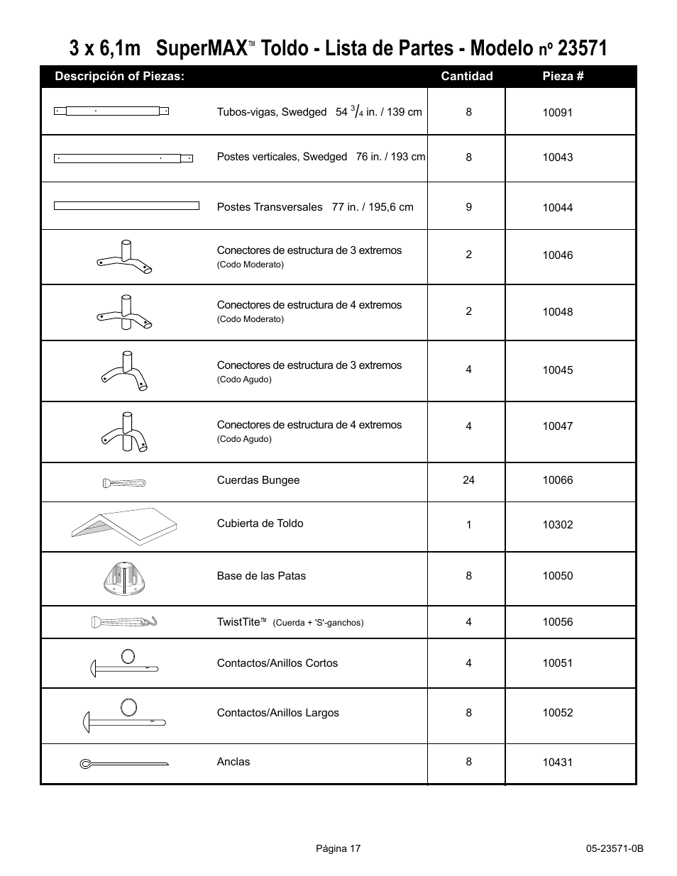 3 x 6,1m supermax, Toldo - lista de partes - modelo | ShelterLogic 23571 10 x 20 Super Max Canopy User Manual | Page 17 / 21