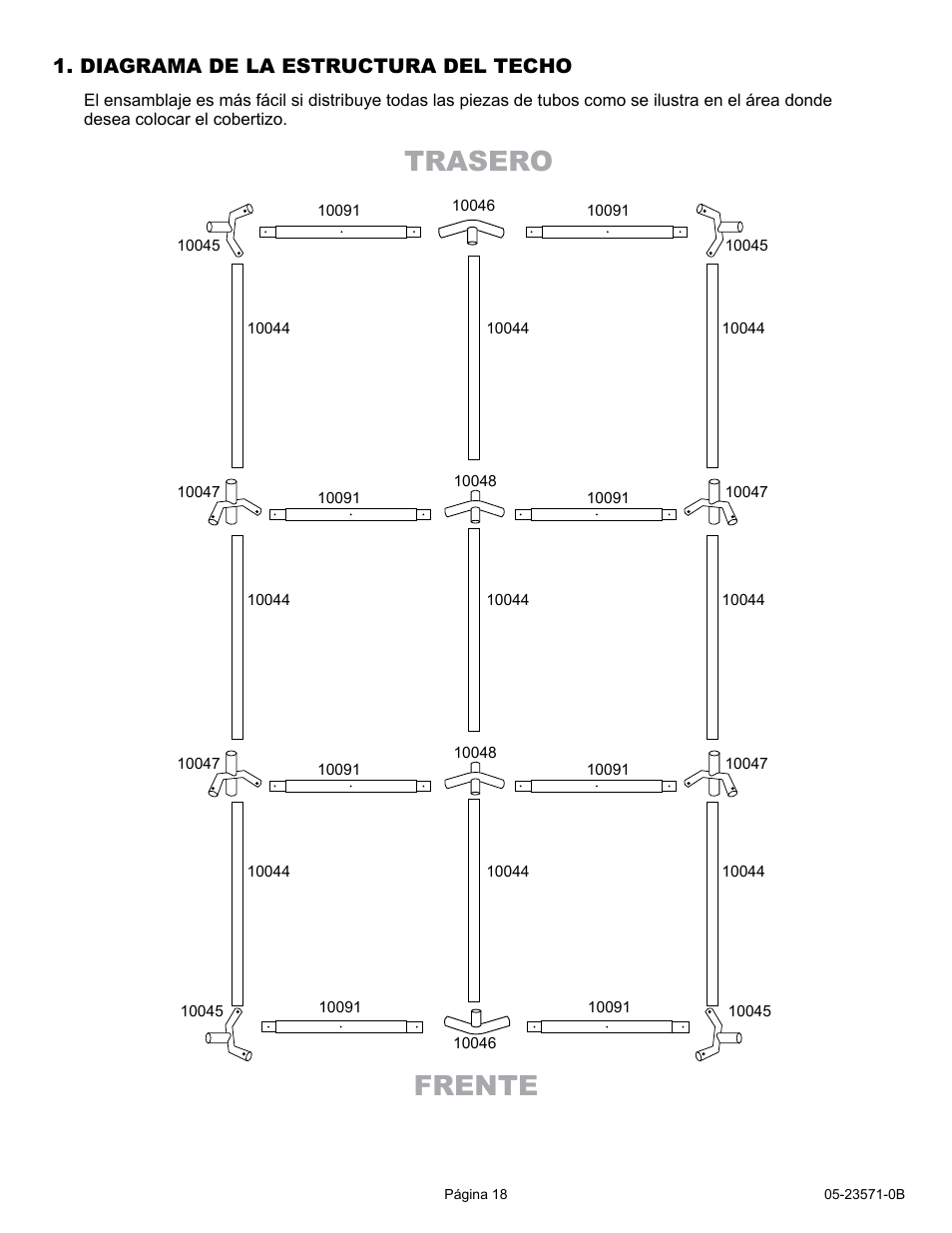 Frente trasero, Diagrama de la estructura del techo | ShelterLogic 23571 10 x 20 Super Max Canopy User Manual | Page 18 / 21