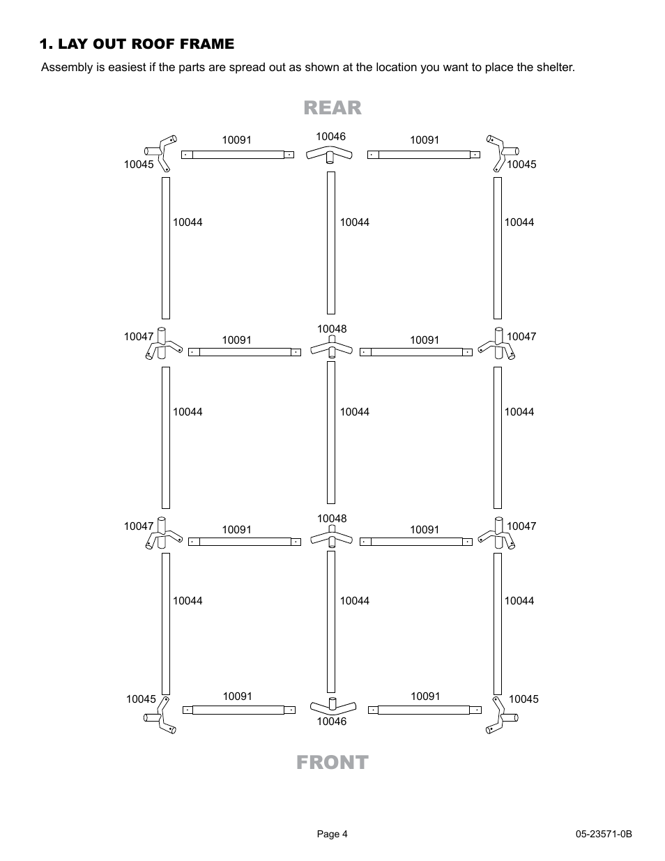 Rear front, Lay out roof frame | ShelterLogic 23571 10 x 20 Super Max Canopy User Manual | Page 4 / 21