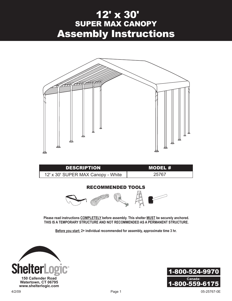 ShelterLogic 25767 12 x 30 Super Max Canopy User Manual | 6 pages