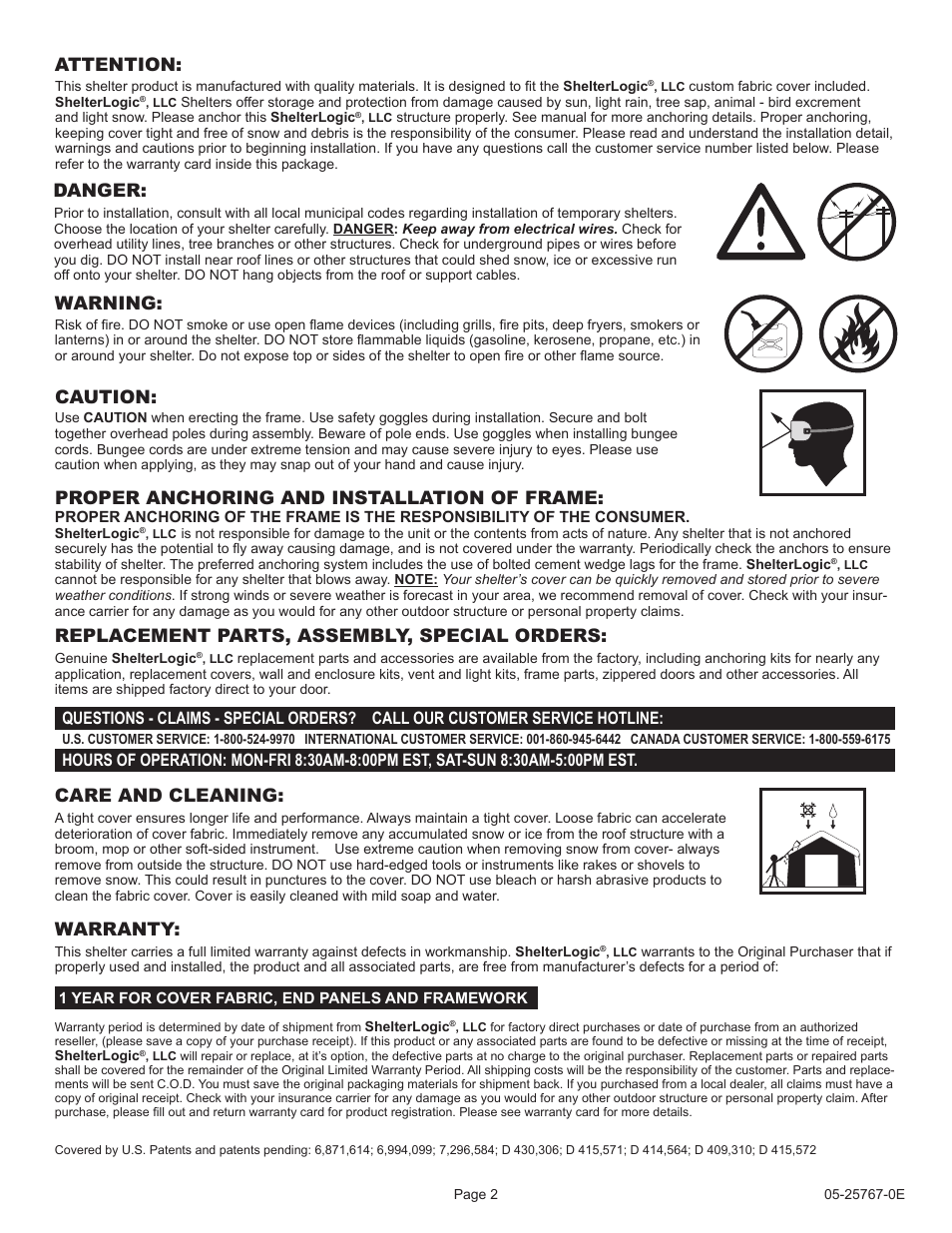 Warning: caution, Proper anchoring and installation of frame, Care and cleaning | Attention, Danger, Replacement parts, assembly, special orders, Warranty | ShelterLogic 25767 12 x 30 Super Max Canopy User Manual | Page 2 / 6