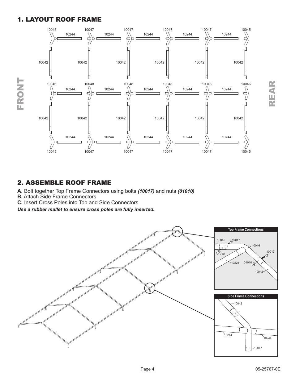 Fr on t rear, Layout roof frame 2. assemble roof frame, A. bolt together top frame connectors using bolts | And nuts | ShelterLogic 25767 12 x 30 Super Max Canopy User Manual | Page 4 / 6