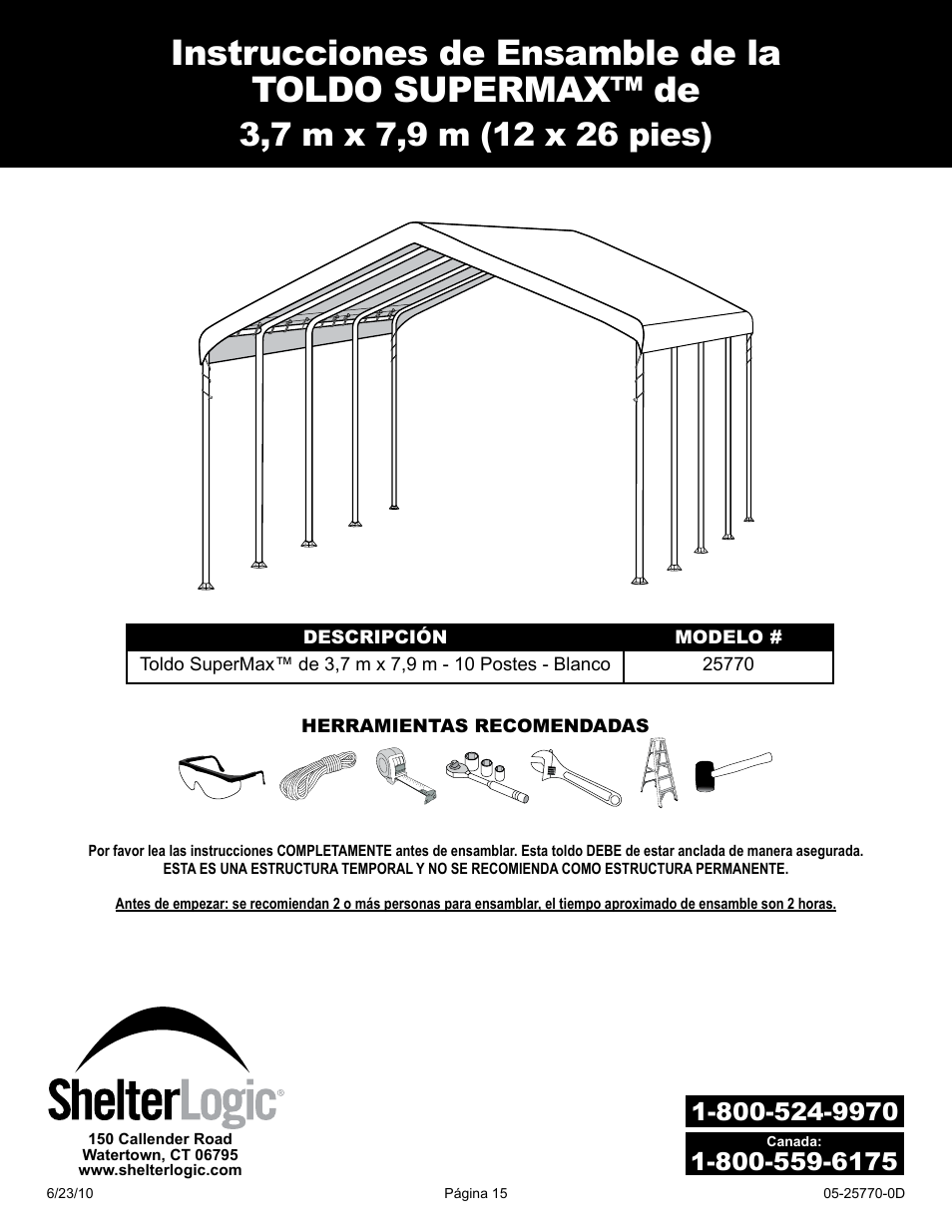 Instrucciones de ensamble de la toldo supermax™ de | ShelterLogic 29770 12 x 26 Super Max Canopy User Manual | Page 15 / 21
