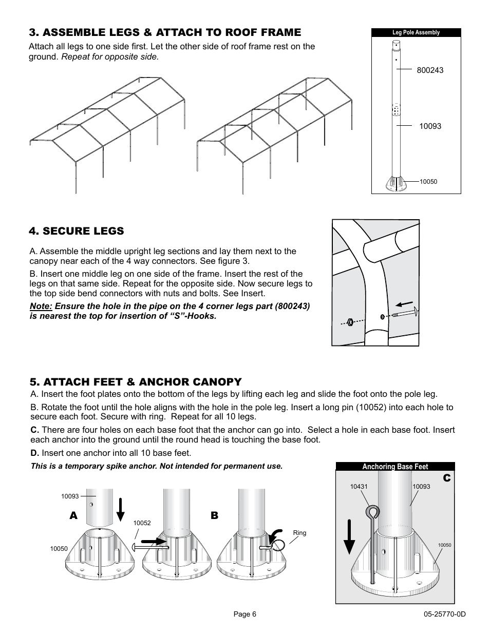 Assemble legs & attach to roof frame, Secure legs, Attach feet & anchor canopy | ShelterLogic 29770 12 x 26 Super Max Canopy User Manual | Page 6 / 21