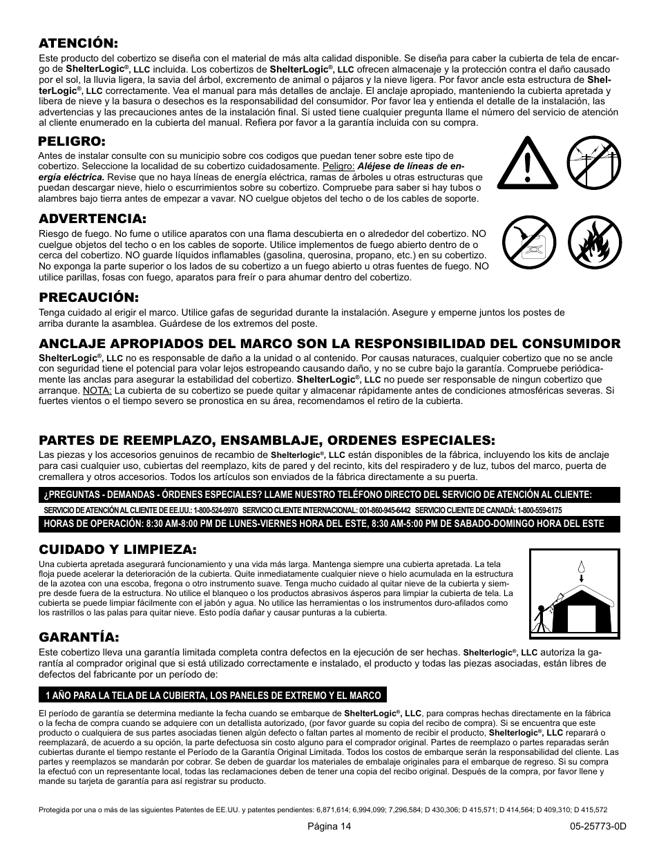 Cuidado y limpieza, Atención, Peligro | Garantía | ShelterLogic 25773 12 x 20 Super Max Canopy User Manual | Page 14 / 18