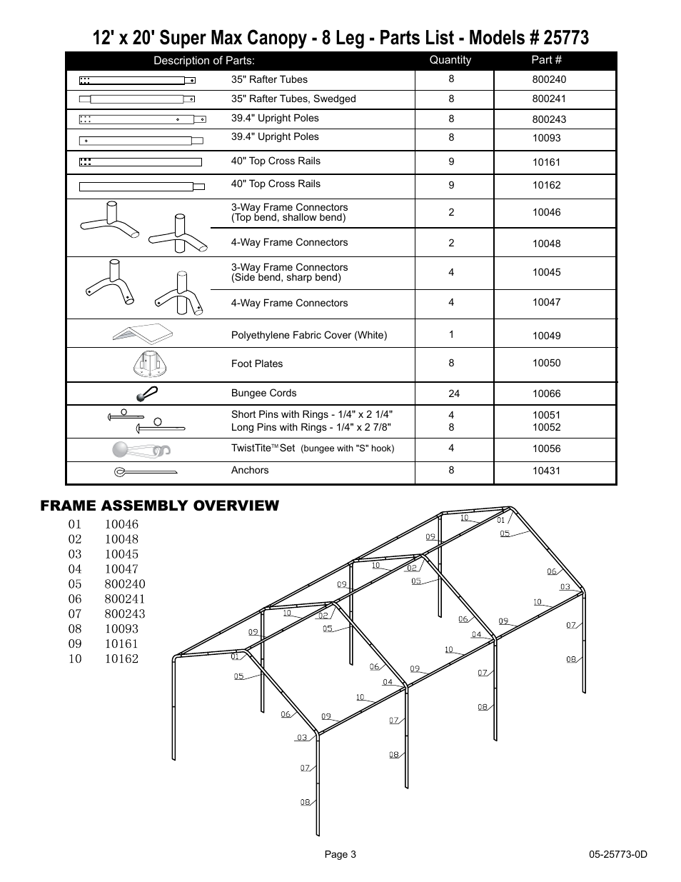 Frame assembly overview | ShelterLogic 25773 12 x 20 Super Max Canopy User Manual | Page 3 / 18