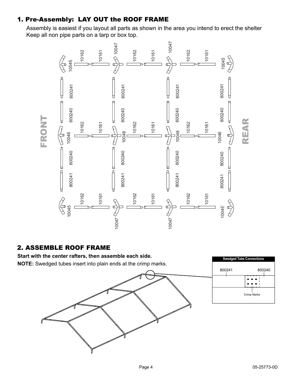 Fr ont rear, Pre-assembly: lay out the roof frame, Assemble roof frame | ShelterLogic 25773 12 x 20 Super Max Canopy User Manual | Page 4 / 18
