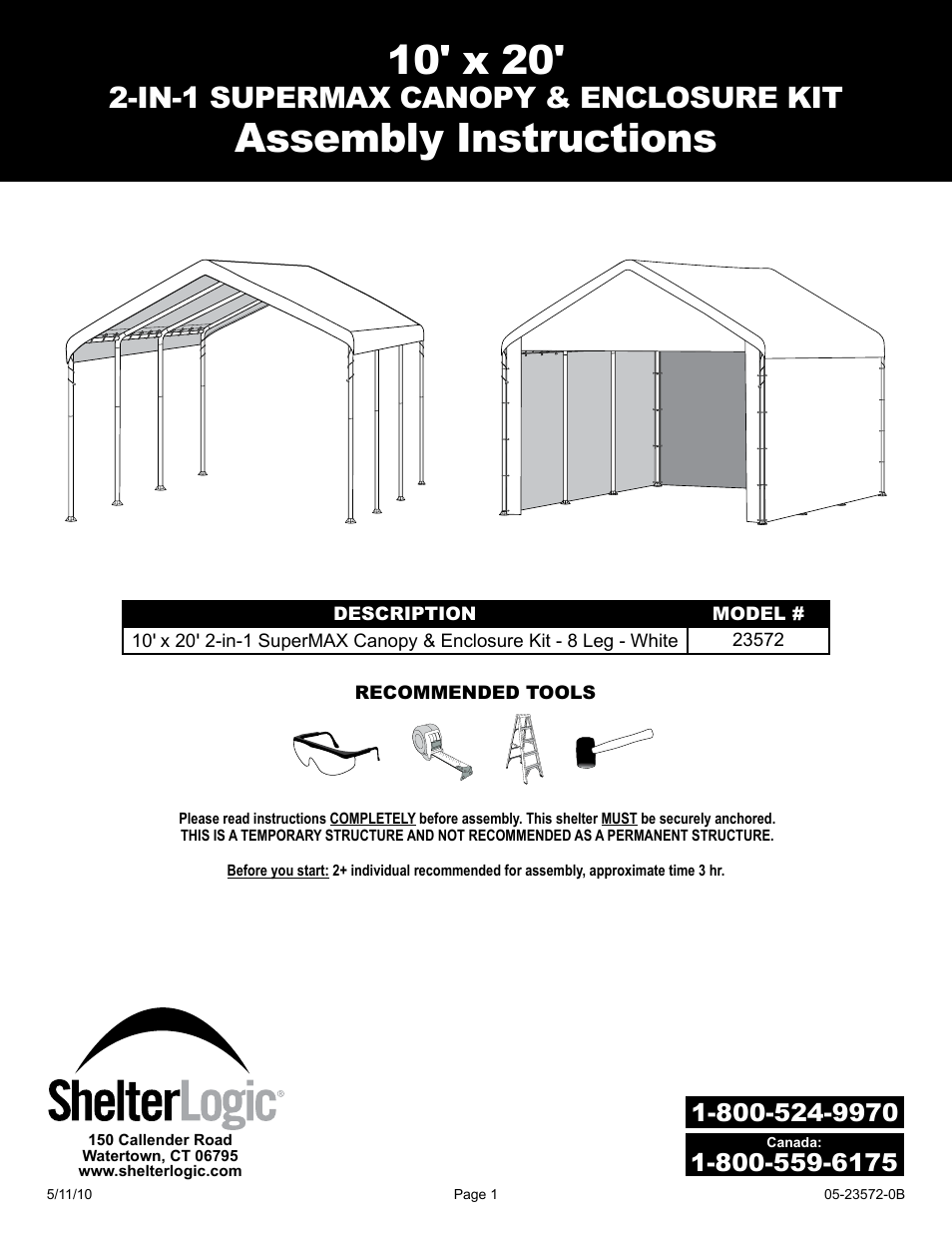 ShelterLogic 23572 10 x 20 Super Max Canopy 2-in-1 Pack - Enclosure Kit User Manual | 24 pages