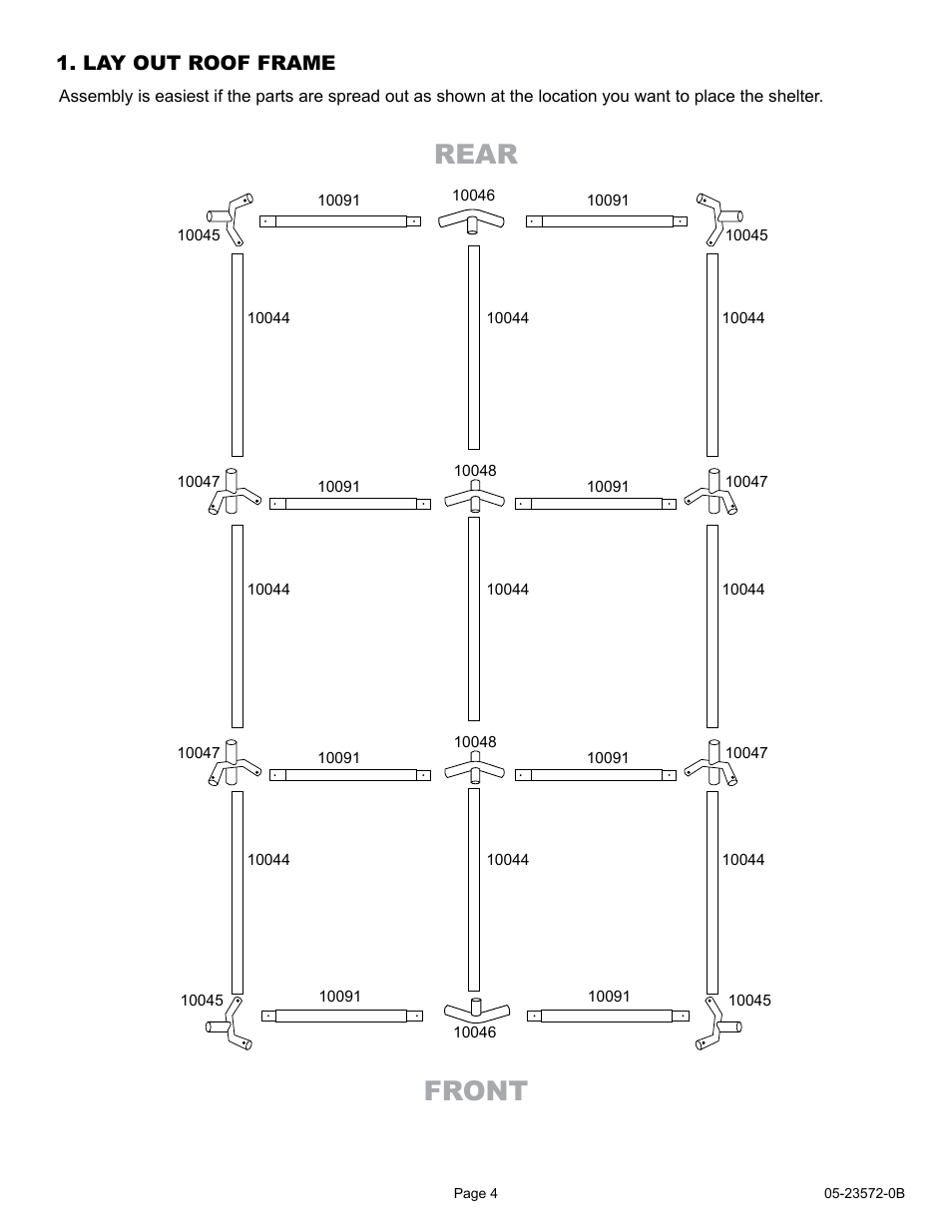 Rear front, Lay out roof frame | ShelterLogic 23572 10 x 20 Super Max Canopy 2-in-1 Pack - Enclosure Kit User Manual | Page 4 / 24