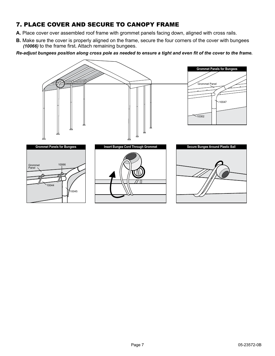 Place cover and secure to canopy frame, Attach remaining bungees | ShelterLogic 23572 10 x 20 Super Max Canopy 2-in-1 Pack - Enclosure Kit User Manual | Page 7 / 24