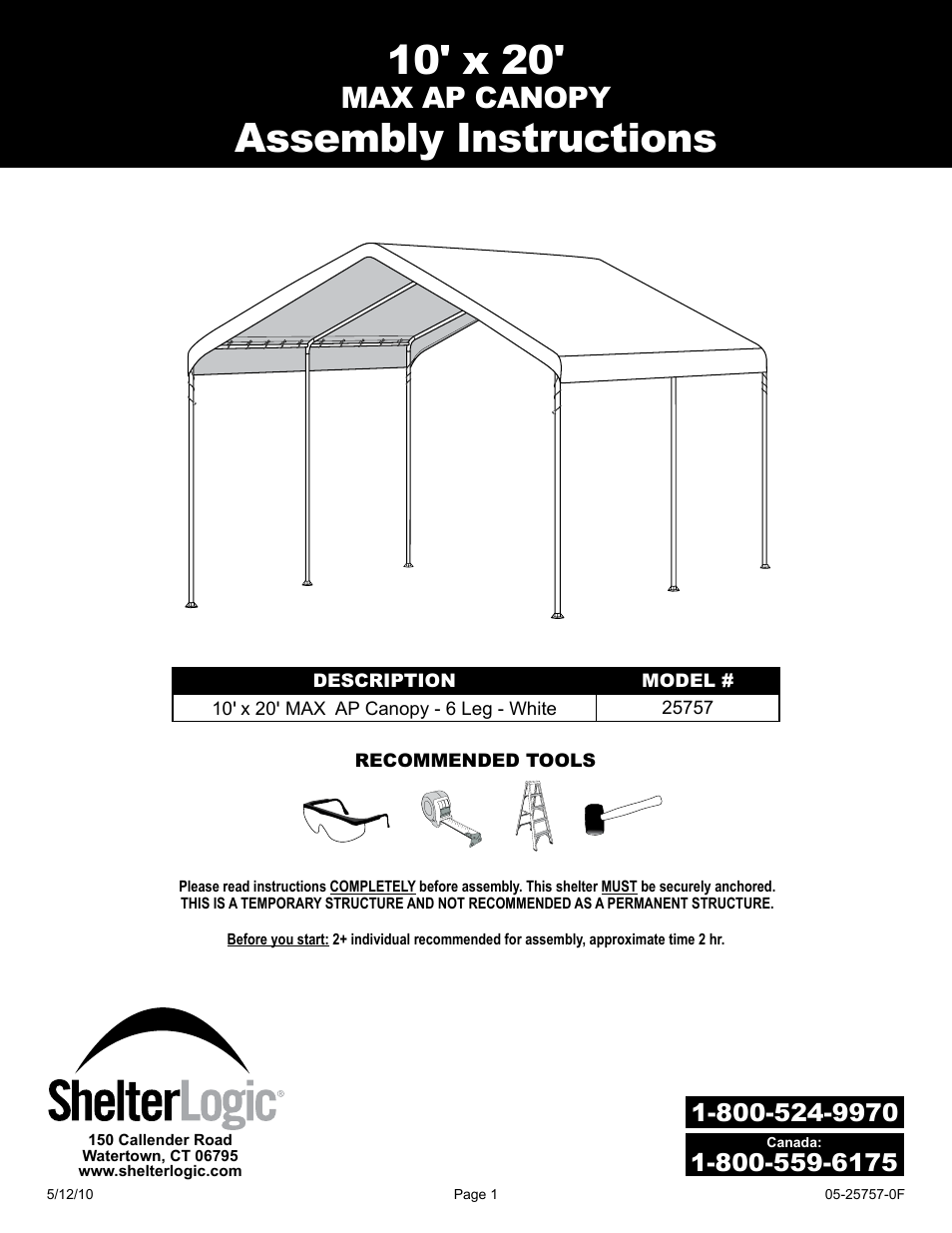 ShelterLogic 25757 10 x 20 Max AP Canopy User Manual | 15 pages