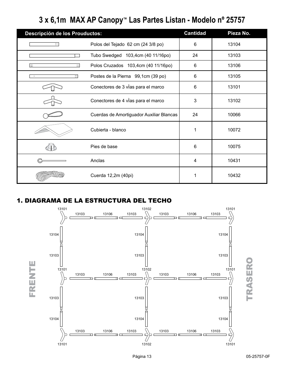 3 x 6,1m max ap canopy, Fre n te tr a ser o, Diagrama de la estructura del techo | ShelterLogic 25757 10 x 20 Max AP Canopy User Manual | Page 13 / 15