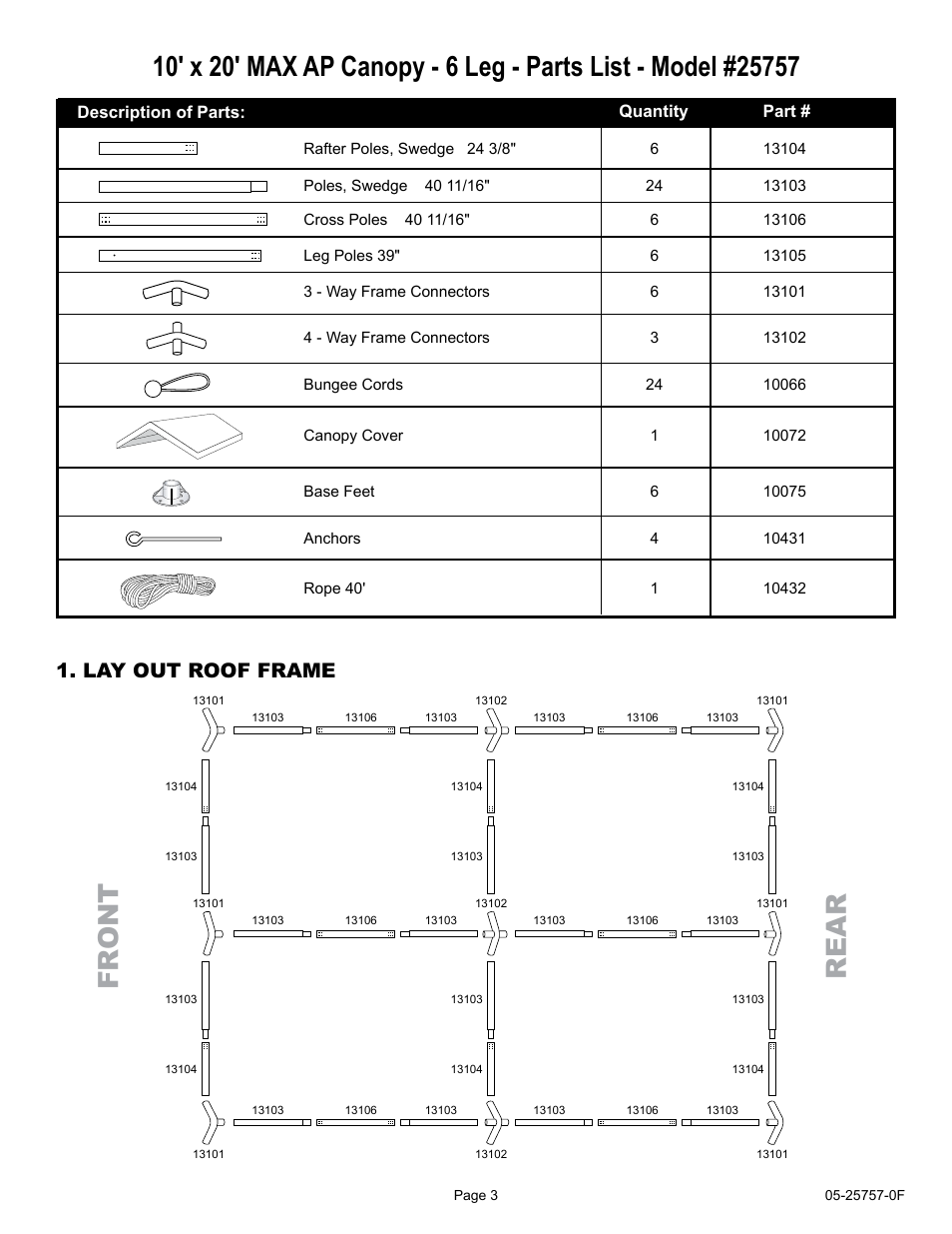 Fr on t re a r, Lay out roof frame | ShelterLogic 25757 10 x 20 Max AP Canopy User Manual | Page 3 / 15