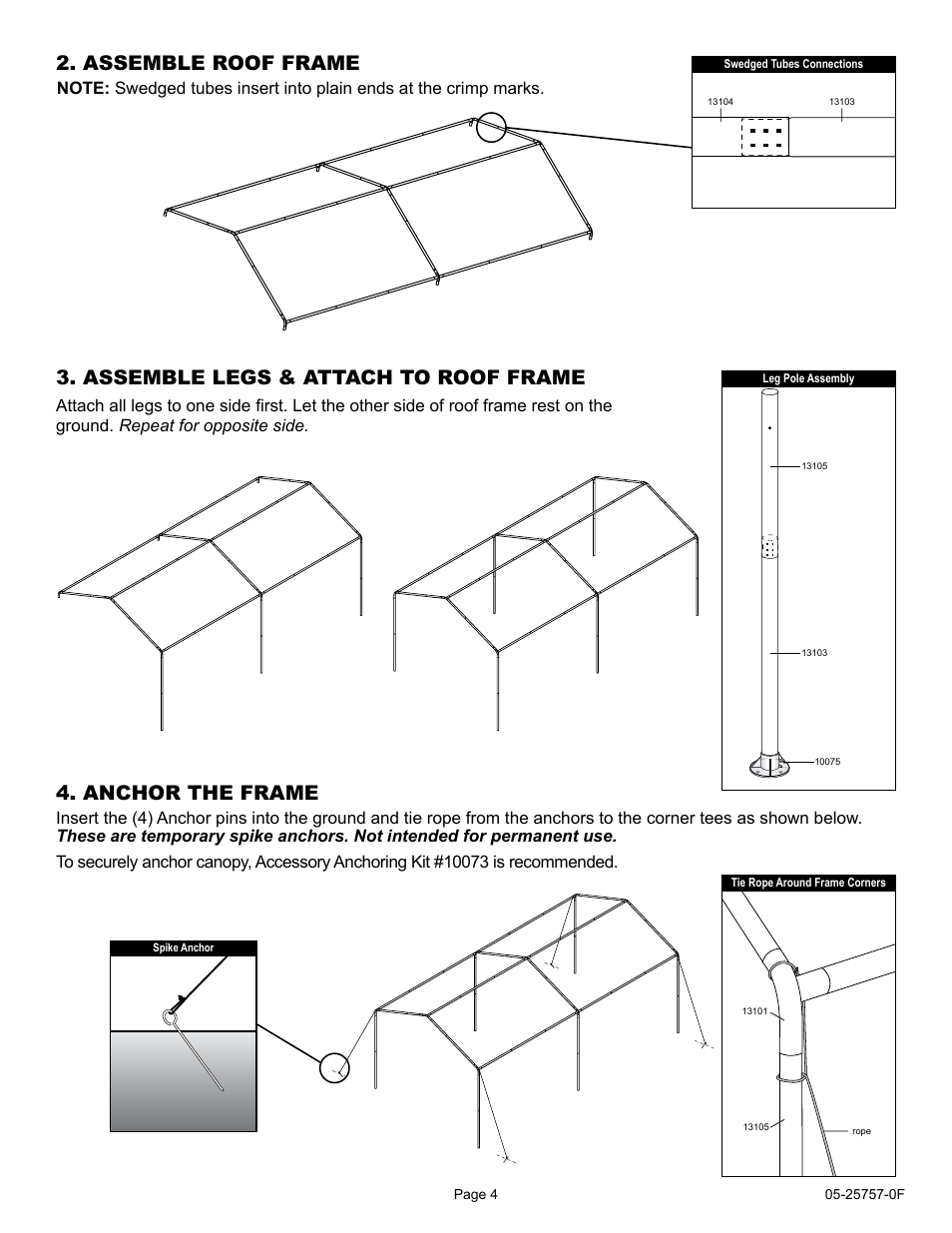 Assemble roof frame, Assemble legs & attach to roof frame, Anchor the frame | ShelterLogic 25757 10 x 20 Max AP Canopy User Manual | Page 4 / 15