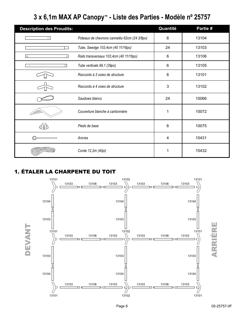 3 x 6,1m max ap canopy, Dev an t a rr ière, Étaler la charpente du toit | ShelterLogic 25757 10 x 20 Max AP Canopy User Manual | Page 8 / 15