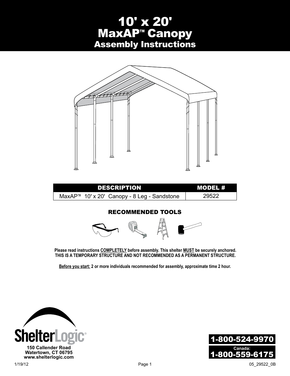 ShelterLogic 29522 10 x 20 Max AP Canopy User Manual | 5 pages
