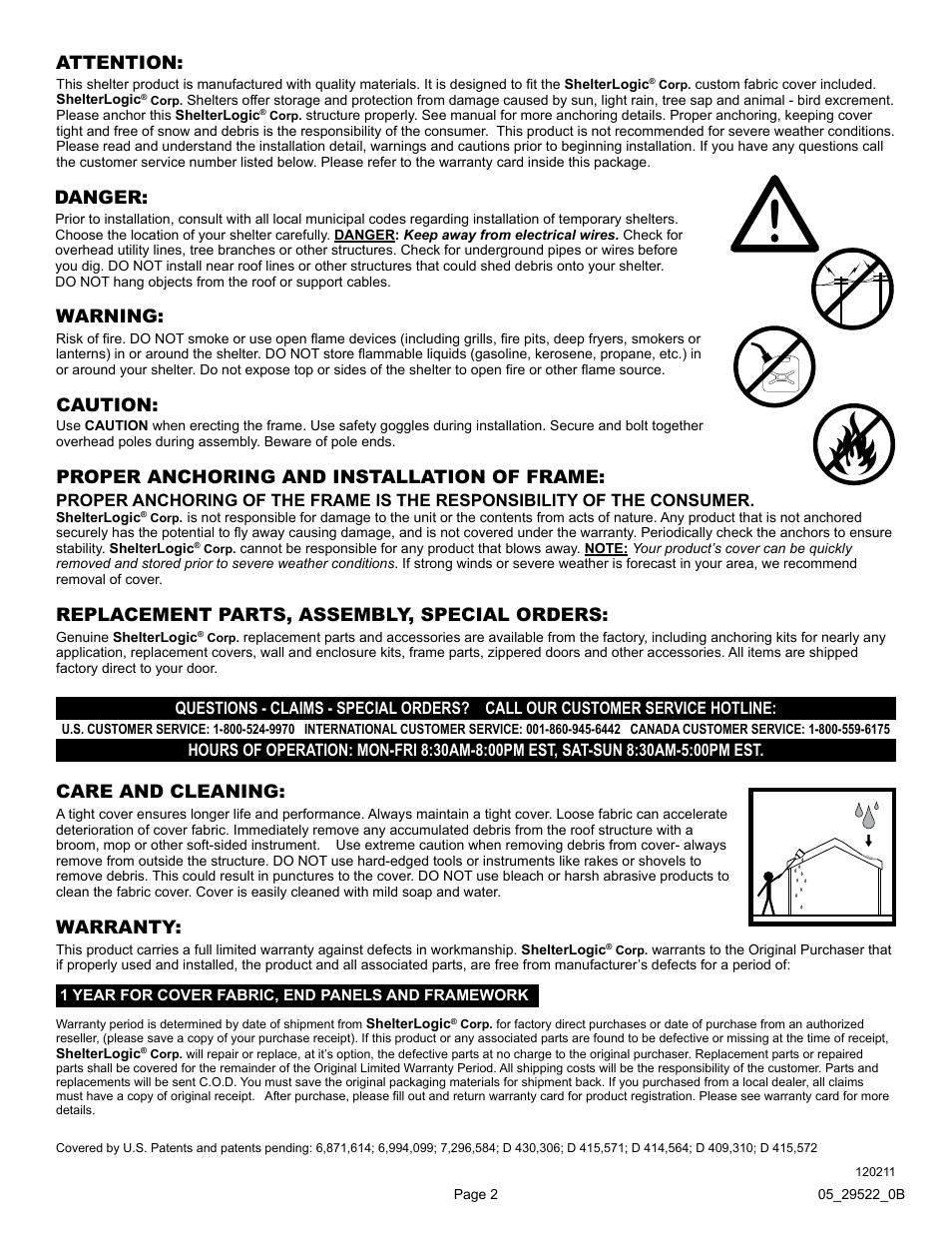 Warning, Proper anchoring and installation of frame, Care and cleaning: attention | Danger: caution, Replacement parts, assembly, special orders, Warranty | ShelterLogic 29522 10 x 20 Max AP Canopy User Manual | Page 2 / 5