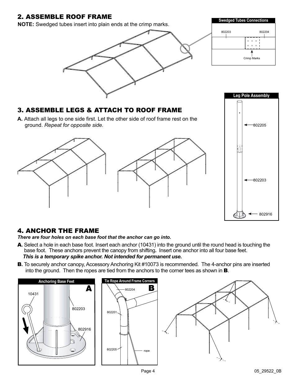 Assemble roof frame, Assemble legs & attach to roof frame, Anchor the frame | ShelterLogic 29522 10 x 20 Max AP Canopy User Manual | Page 4 / 5