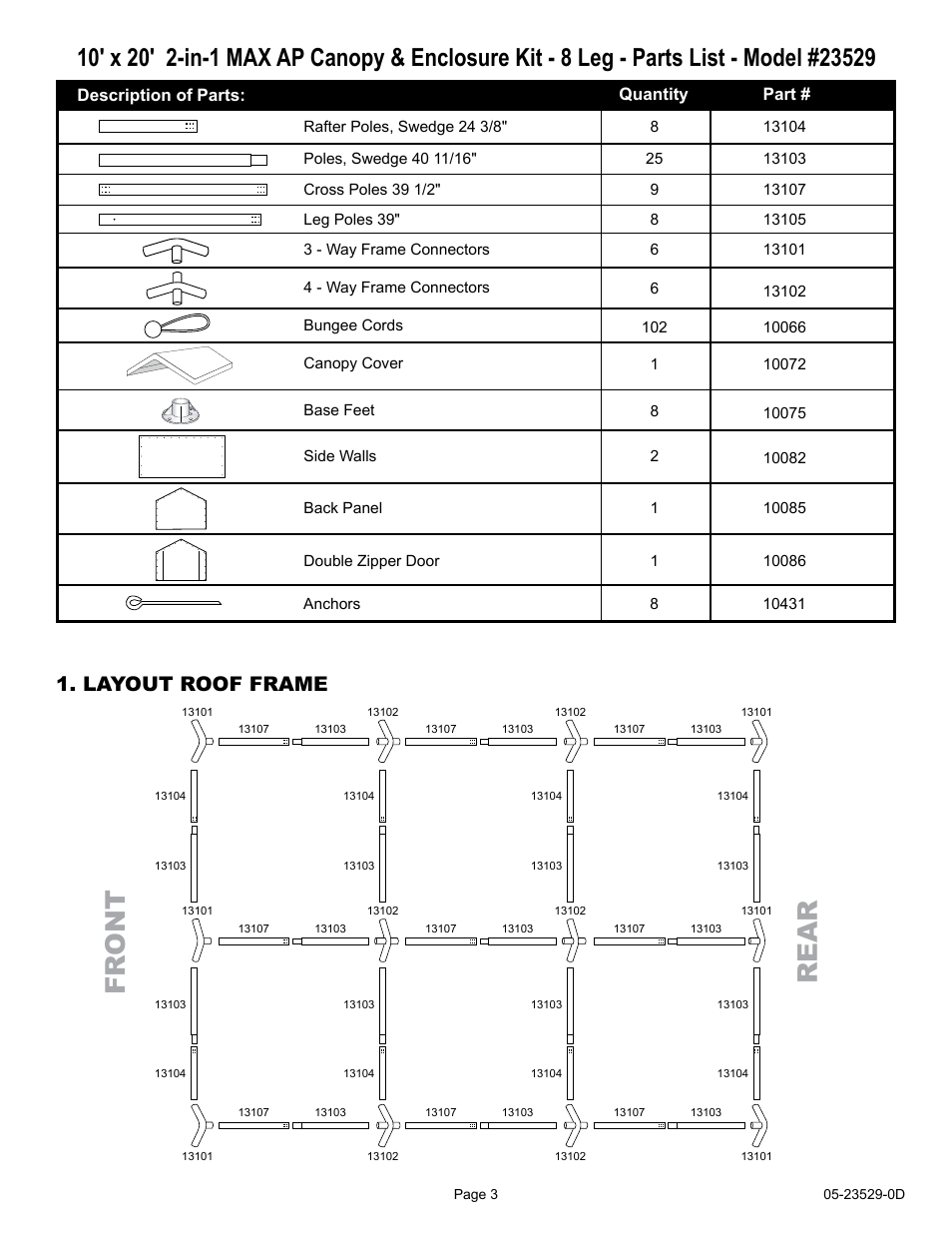 Fr ont rear, Layout roof frame | ShelterLogic 23529 10 x 20 Max AP Canopy 2-in-1 Pack - Enclosure Kit User Manual | Page 3 / 6