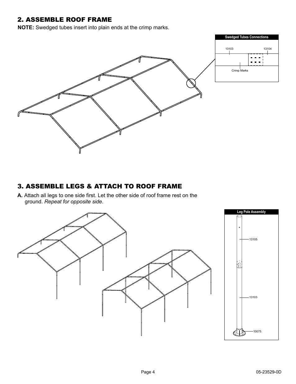 Assemble roof frame, Assemble legs & attach to roof frame | ShelterLogic 23529 10 x 20 Max AP Canopy 2-in-1 Pack - Enclosure Kit User Manual | Page 4 / 6