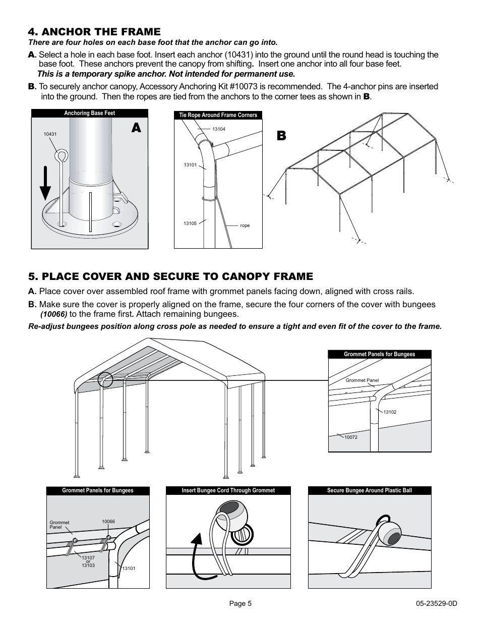 Place cover and secure to canopy frame, Anchor the frame | ShelterLogic 23529 10 x 20 Max AP Canopy 2-in-1 Pack - Enclosure Kit User Manual | Page 5 / 6