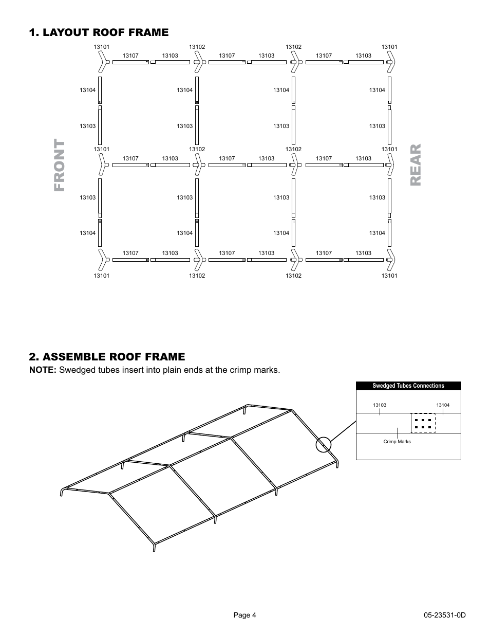 Fr ont rear, Assemble roof frame, Layout roof frame | ShelterLogic 23531 10 x 20 Max AP Canopy 2-in-1 Pack - Screen Kit User Manual | Page 4 / 7