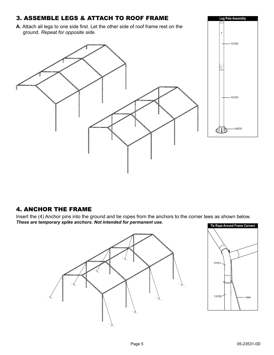 Assemble legs & attach to roof frame, Anchor the frame | ShelterLogic 23531 10 x 20 Max AP Canopy 2-in-1 Pack - Screen Kit User Manual | Page 5 / 7