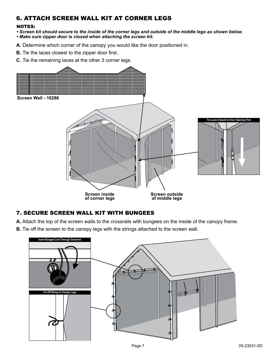 Attach screen wall kit at corner legs, Secure screen wall kit with bungees | ShelterLogic 23531 10 x 20 Max AP Canopy 2-in-1 Pack - Screen Kit User Manual | Page 7 / 7