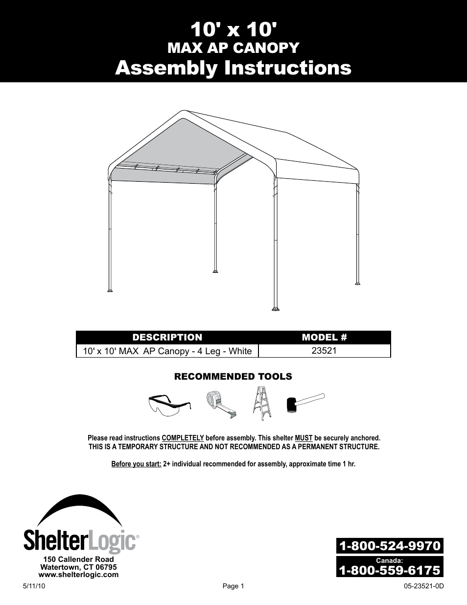 ShelterLogic 23521 10 x 20 Max AP Compact Canopy User Manual | 15 pages
