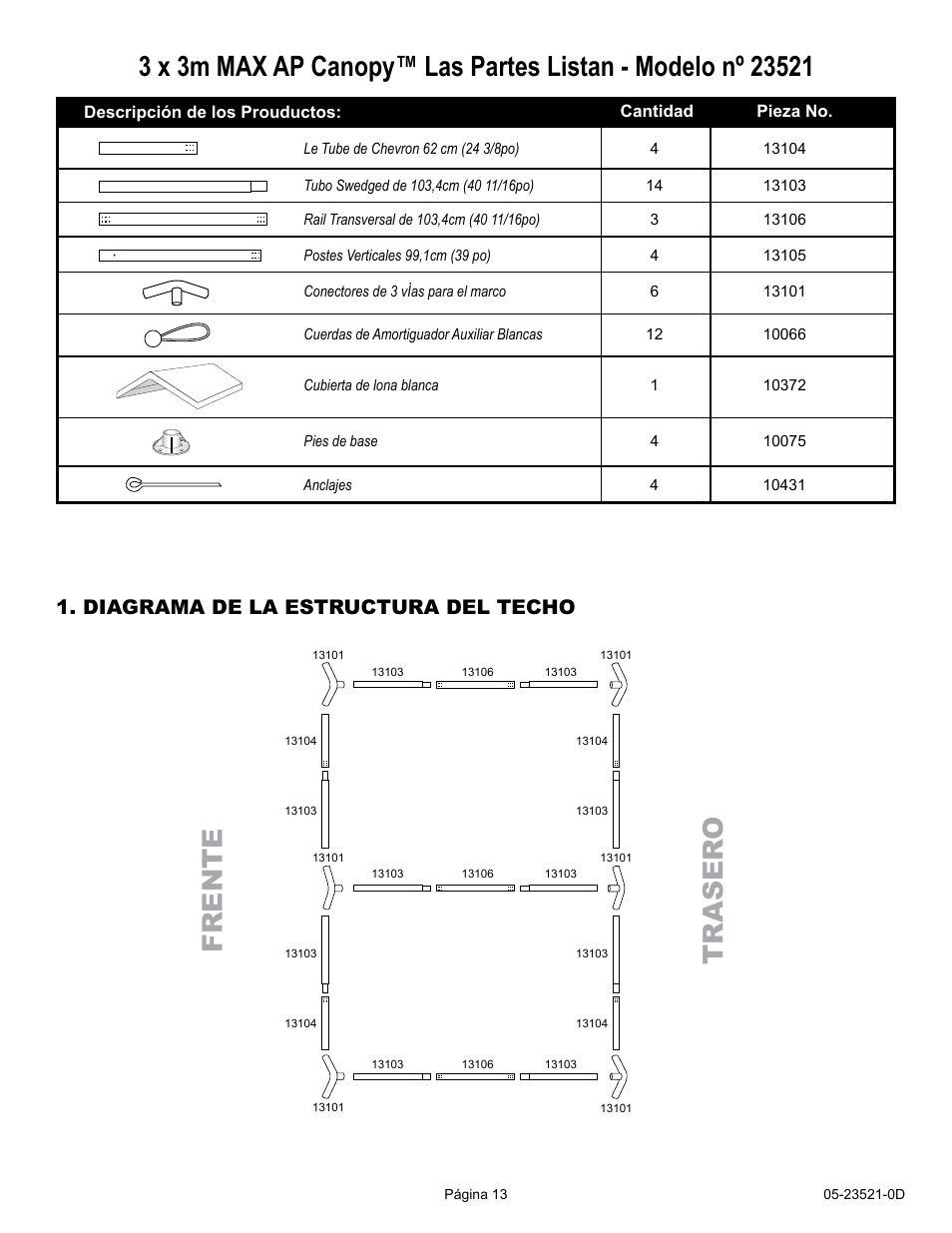 Fre n te tr a ser o, Diagrama de la estructura del techo | ShelterLogic 23521 10 x 20 Max AP Compact Canopy User Manual | Page 13 / 15