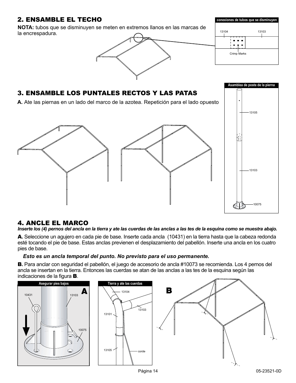 Ensamble el techo, Ensamble los puntales rectos y las patas, Ancle el marco | ShelterLogic 23521 10 x 20 Max AP Compact Canopy User Manual | Page 14 / 15